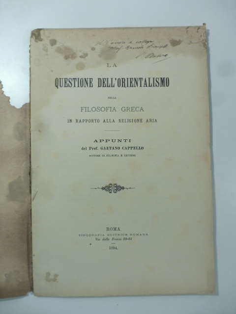 La questione dell'orientalismo nella filosofia greca in rapporto alla religione aria. Appunti